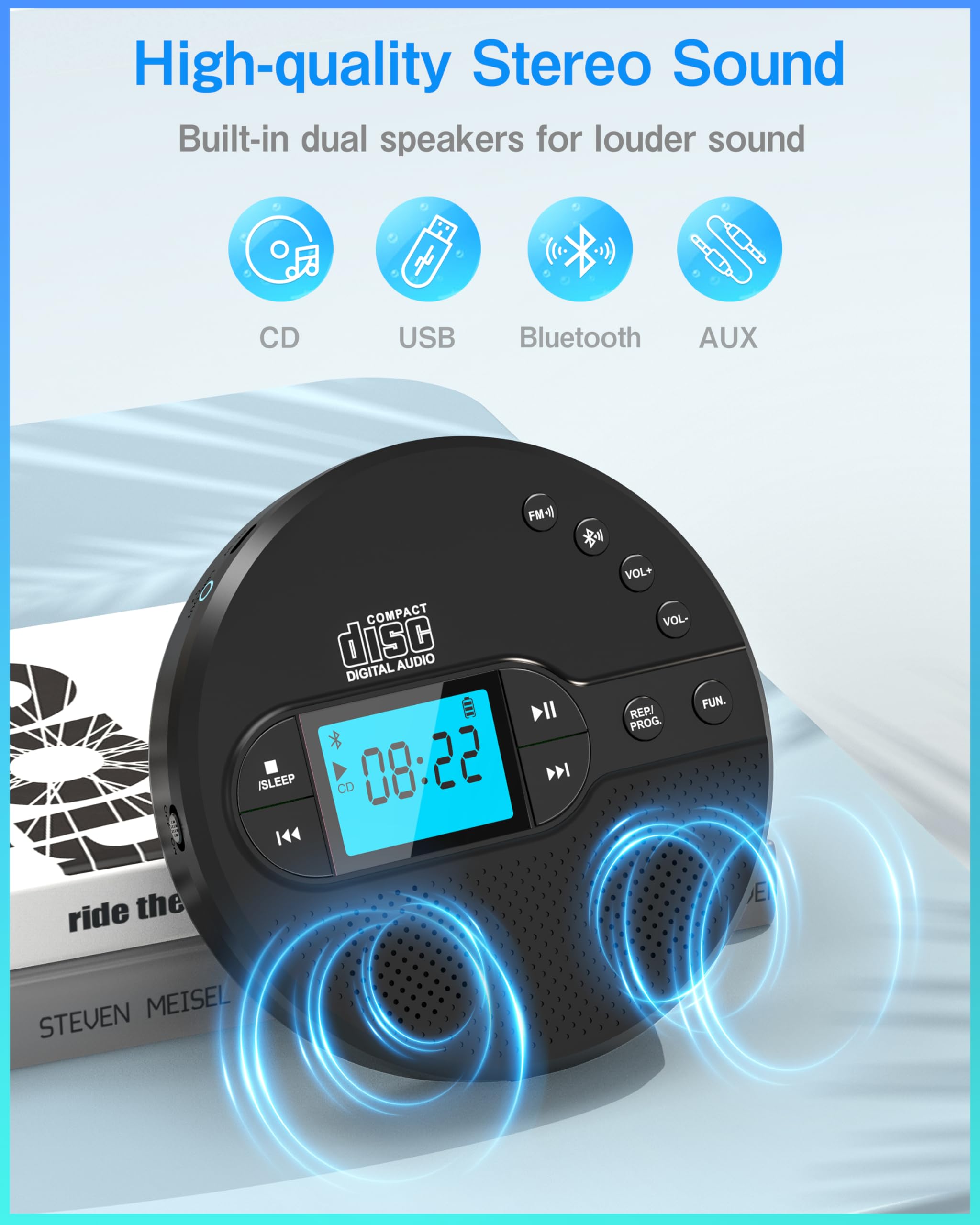Sunoony Portable Cd Player With Bluetooth, Cd Player With Fm Transmitter And Speakers For Car, Rechargeable Cd Player With Anti